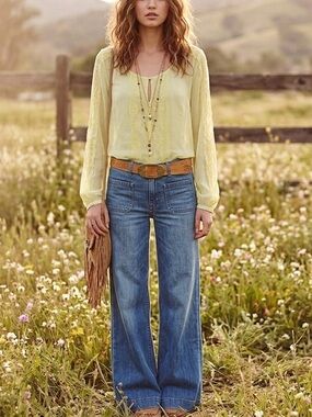 Gold Hawk Anthropologie‎ Silk Butter Yellow Lace-Trimmed Split-Sleeve Blouse S